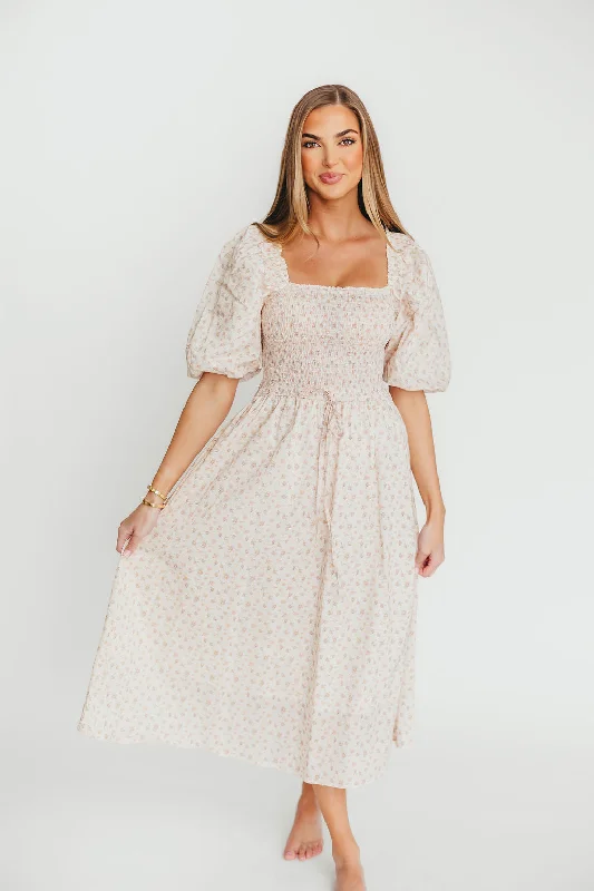 Midi dresses with satin - finish fabrics for a luxurious feel Maeve 100% Cotton Puff Sleeve Midi Dress in Dainty Pink Floral Midi dresses with satin - finish fabrics for a luxurious feel Maeve 100% Cotton Puff Sleeve Midi Dress in Dainty Pink Floral