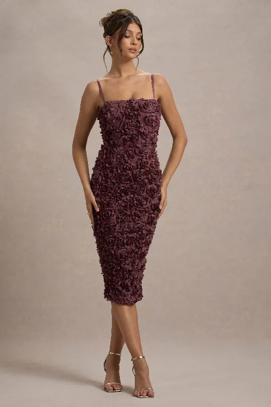 Midi dresses with pleated skirts for a timeless and elegant appeal New Love | Dark Mauve Strappy Midi Dress With Mesh Flowers Midi dresses with pleated skirts for a timeless and elegant appeal New Love | Dark Mauve Strappy Midi Dress With Mesh Flowers