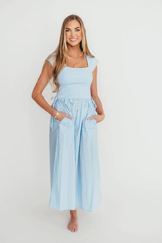 Midi dresses with ruffled hems for a romantic date night Delia Midi Dress in Blue