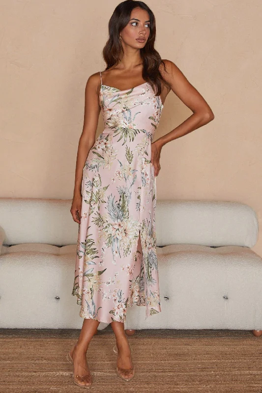 Wrap - style midi dresses in silk for a sophisticated office look Suki Front Split Midi Dress Tropical Floral Print Pink Wrap - style midi dresses in silk for a sophisticated office look Suki Front Split Midi Dress Tropical Floral Print Pink