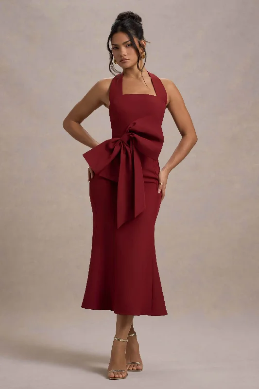 Midi dresses with cold - shoulder cutouts for a trendy style Aman | Berry Halter-Neck Midi Dress With Oversized Bow Midi dresses with cold - shoulder cutouts for a trendy style Aman | Berry Halter-Neck Midi Dress With Oversized Bow