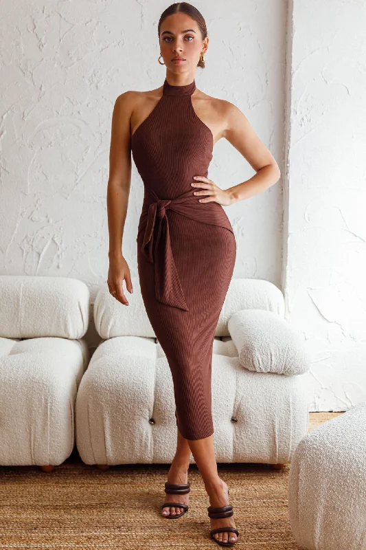 Midi dresses with gathered skirts for a full and flowing silhouette Rapt Waist Tie Halterneck Knit Midi Dress Chocolate Midi dresses with gathered skirts for a full and flowing silhouette Rapt Waist Tie Halterneck Knit Midi Dress Chocolate