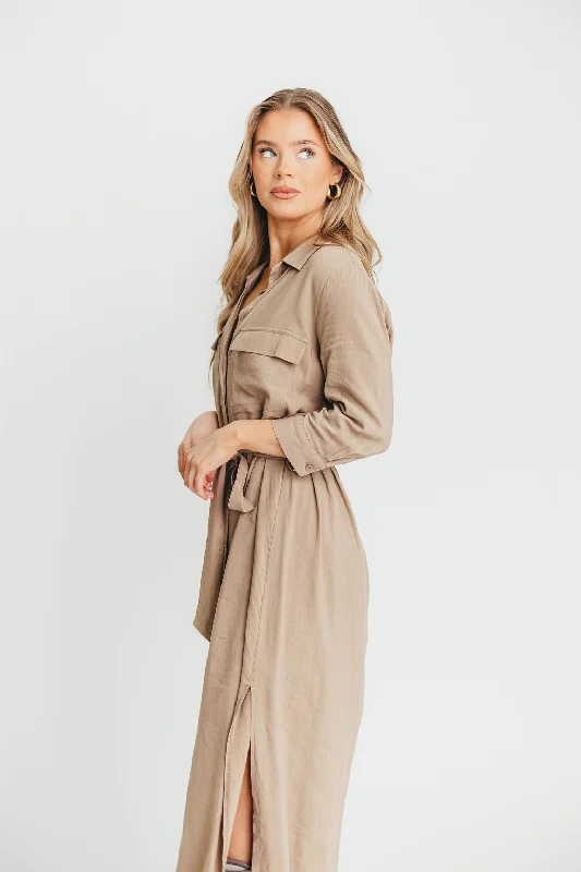 Midi dresses with keyhole backs for a flirty and unexpected detail Rhea Belted Maxi Shirt Dress in Stone - Nursing Friendly Midi dresses with keyhole backs for a flirty and unexpected detail Rhea Belted Maxi Shirt Dress in Stone - Nursing Friendly