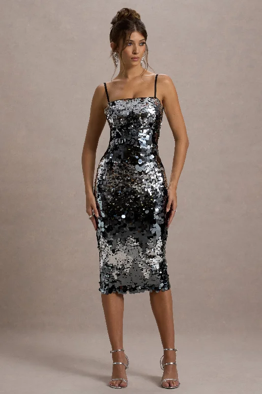 Wrap - style midi dresses in silk for a sophisticated office look Azure | Silver Sequin Strappy Midi Dress Wrap - style midi dresses in silk for a sophisticated office look Azure | Silver Sequin Strappy Midi Dress