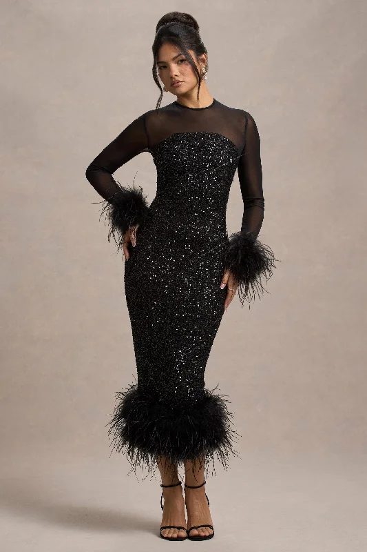 Midi dresses with V - necklines for a flattering and elongating effect Afterglow | Black Sequin Long-Sleeve Midi Dress With Feather Trims Midi dresses with V - necklines for a flattering and elongating effect Afterglow | Black Sequin Long-Sleeve Midi Dress With Feather Trims