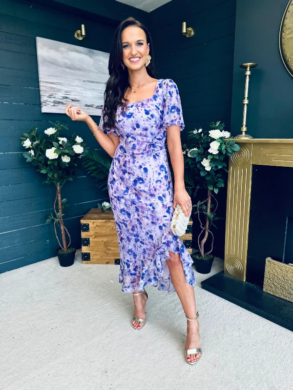 Midi dresses with asymmetric hems for a fashion - forward and dynamic appearance Heidi Burnout Ruched Midi Dress Floral Purple Midi dresses with asymmetric hems for a fashion - forward and dynamic appearance Heidi Burnout Ruched Midi Dress Floral Purple