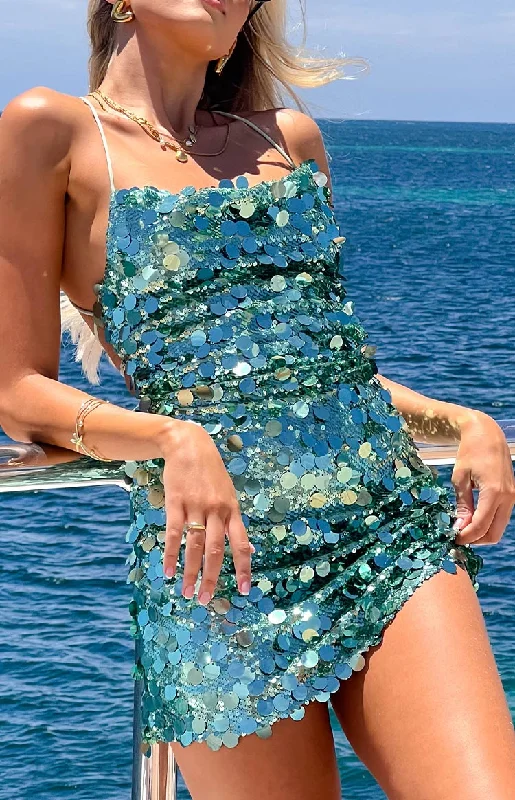 Leather mini dresses for a edgy style Come And Get It Aqua Sequin Party Mini Dress
