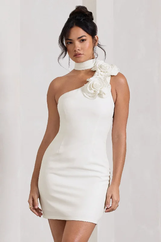 Mini dresses with high - low hems for a modern twist The Party |  White Mini Dress With Ruffled Choker