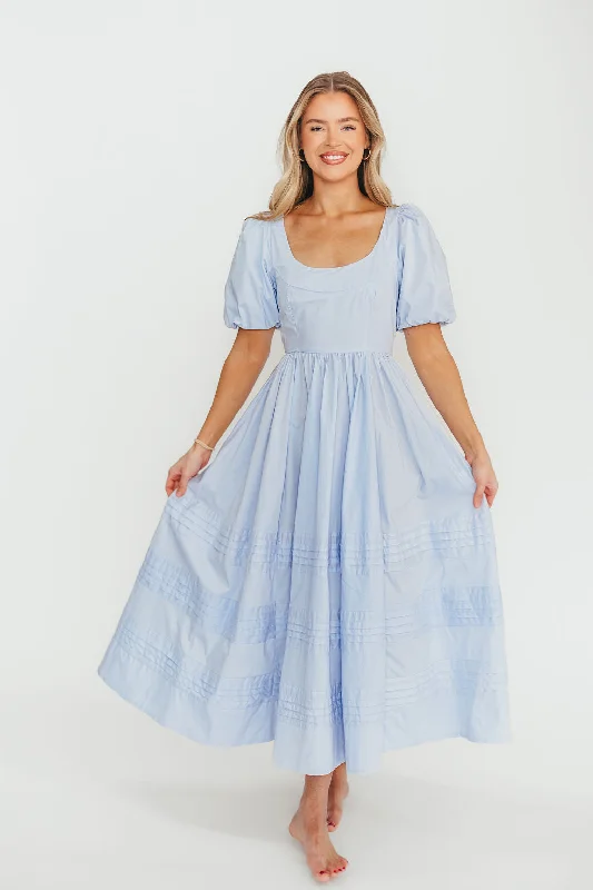 Midi dresses with denim fabric for a casual yet stylish day out Milana 100% Cotton Puffed Sleeve Midi Dress in Baby Blue Midi dresses with denim fabric for a casual yet stylish day out Milana 100% Cotton Puffed Sleeve Midi Dress in Baby Blue