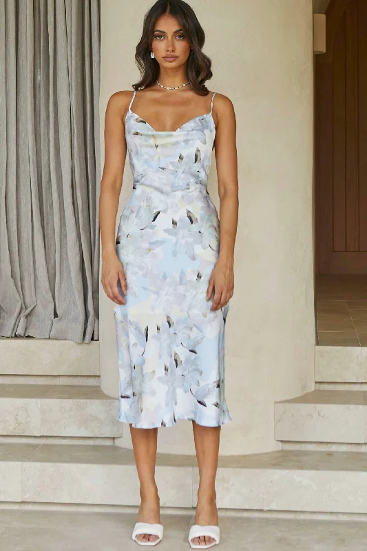 Midi dresses with gathered skirts for a full and flowing silhouette Show Me Love Cowl Neck Midi Dress Lily Print Blue Midi dresses with gathered skirts for a full and flowing silhouette Show Me Love Cowl Neck Midi Dress Lily Print Blue