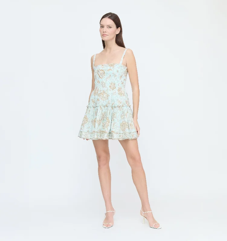 Metallic mini dresses for a glamorous event The Seraphina Mini Nap Dress - Aqua Calico Trellis Metallic mini dresses for a glamorous event The Seraphina Mini Nap Dress - Aqua Calico Trellis