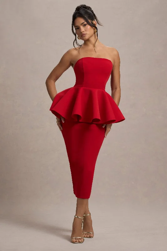 Midi dresses with empire waists for a flattering maternity option First Dance | Red Bandeau Peplum Midi Dress Midi dresses with empire waists for a flattering maternity option First Dance | Red Bandeau Peplum Midi Dress