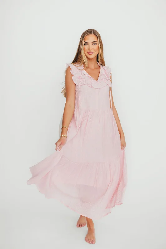 Midi dresses with abstract art prints for an artistic statement Brynn Ruffle Tiered Midi Dress in Pink Midi dresses with abstract art prints for an artistic statement Brynn Ruffle Tiered Midi Dress in Pink