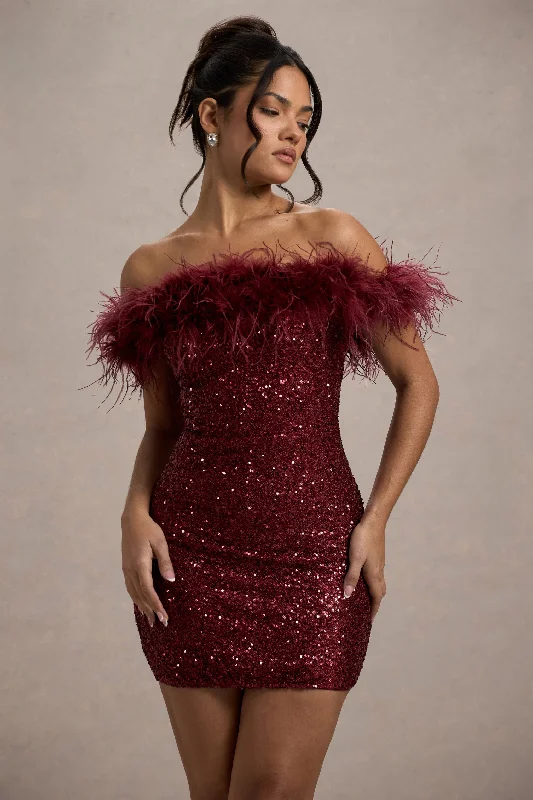 Sheer mini dresses with lace inserts New Money | Burgundy Bodycon Sequin Mini Dress With Feather Trim