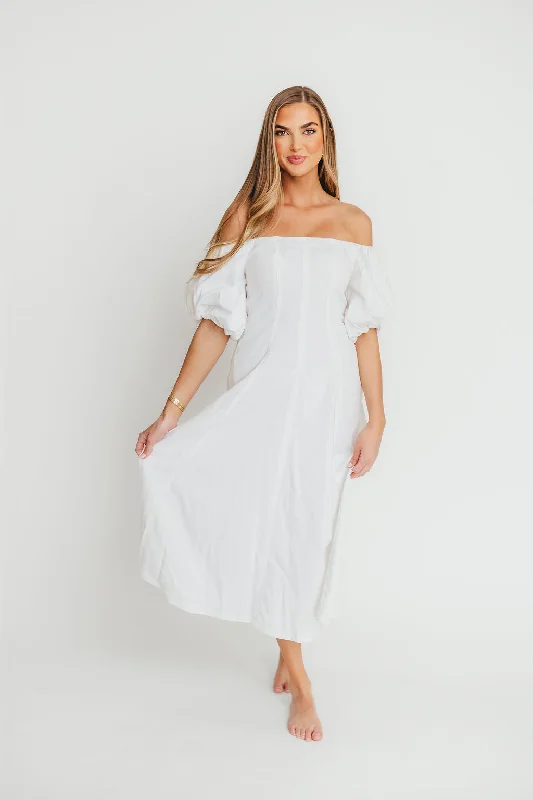 Midi dresses with ribbed textures for a unique and tactile appearance Serenity Off-The-Shoulder Midi Dress in Ivory Midi dresses with ribbed textures for a unique and tactile appearance Serenity Off-The-Shoulder Midi Dress in Ivory