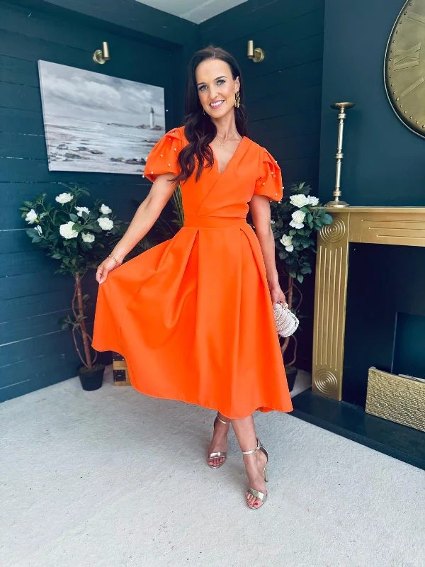 Maxi - inspired midi dresses with flowing fabrics for a beachy vibe Sofia Pearl Embellished Occasion Dress Orange Maxi - inspired midi dresses with flowing fabrics for a beachy vibe Sofia Pearl Embellished Occasion Dress Orange
