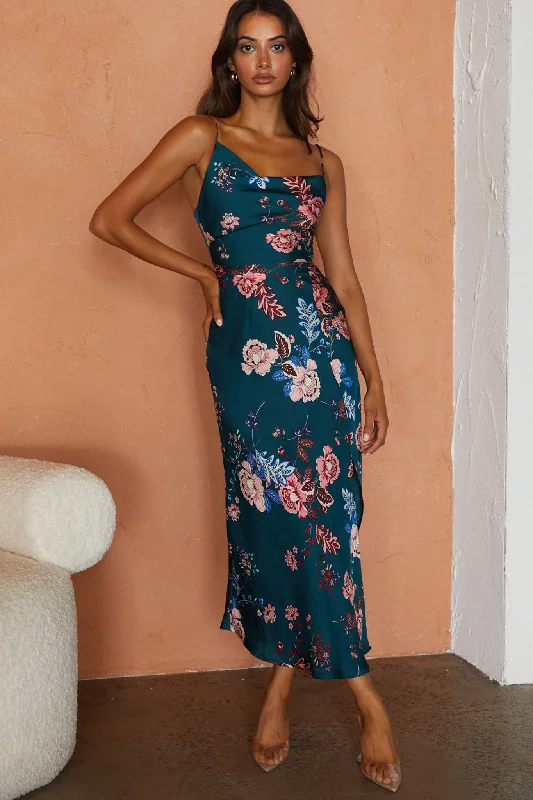 Midi dresses with ruffled hems for a romantic date night Suki Front Split Midi Dress Oriental Floral Print Forest Green Midi dresses with ruffled hems for a romantic date night Suki Front Split Midi Dress Oriental Floral Print Forest Green