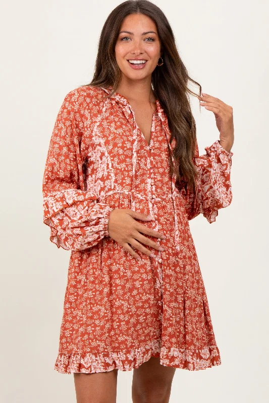 Ruffled mini dresses for a romantic touch Rust Mixed Floral Tie Front Ruffle Accent Maternity Dress Ruffled mini dresses for a romantic touch Rust Mixed Floral Tie Front Ruffle Accent Maternity Dress