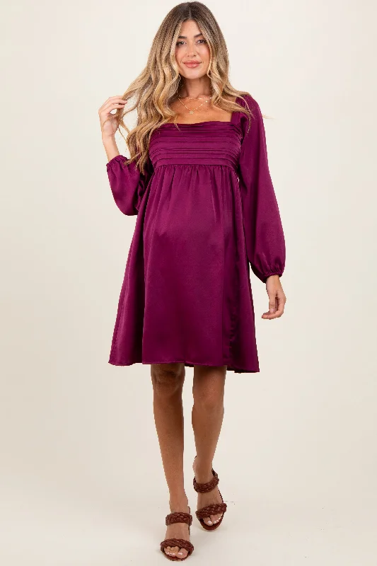 Mini dresses with belted waists for a defined silhouette Plum Satin Pleated Detail Bodice Maternity Dress Mini dresses with belted waists for a defined silhouette Plum Satin Pleated Detail Bodice Maternity Dress