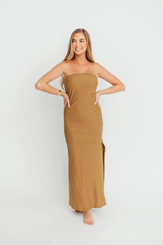 Midi dresses with cold - shoulder cutouts for a trendy style Naidelyn Strapless Maxi Dress in Golden Palm Midi dresses with cold - shoulder cutouts for a trendy style Naidelyn Strapless Maxi Dress in Golden Palm