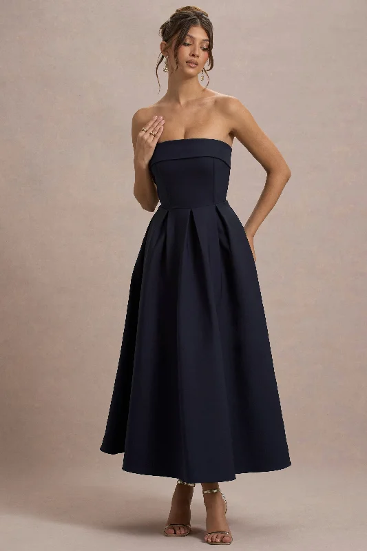 Midi dresses with asymmetric hems for a fashion - forward and dynamic appearance Annalise | Navy Bandeau Skater Midi Dress Midi dresses with asymmetric hems for a fashion - forward and dynamic appearance Annalise | Navy Bandeau Skater Midi Dress