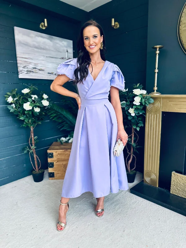 Midi dresses with gathered skirts for a full and flowing silhouette Sofia Pearl Embellished Occasion Dress Lavender Midi dresses with gathered skirts for a full and flowing silhouette Sofia Pearl Embellished Occasion Dress Lavender
