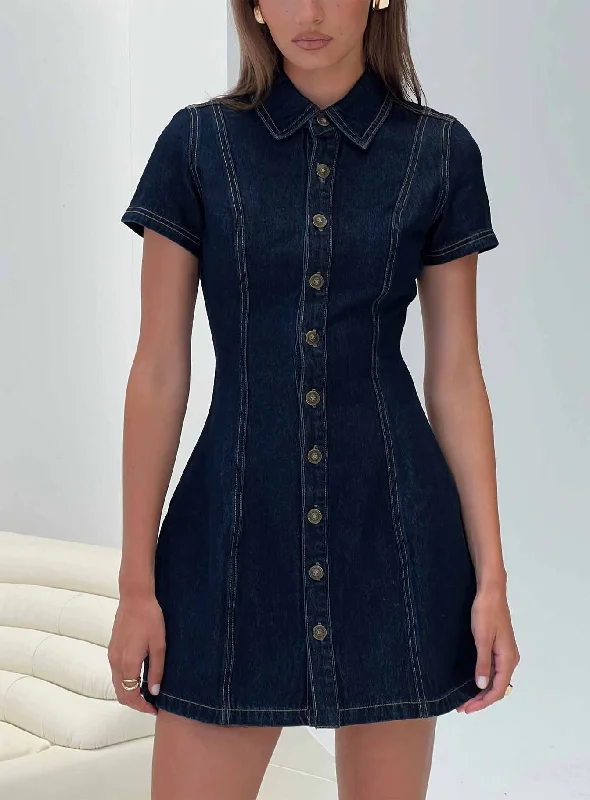Mini dresses with pom - pom trims for a playful feel Perception Denim Mini Dress Mid Wash Mini dresses with pom - pom trims for a playful feel Perception Denim Mini Dress Mid Wash