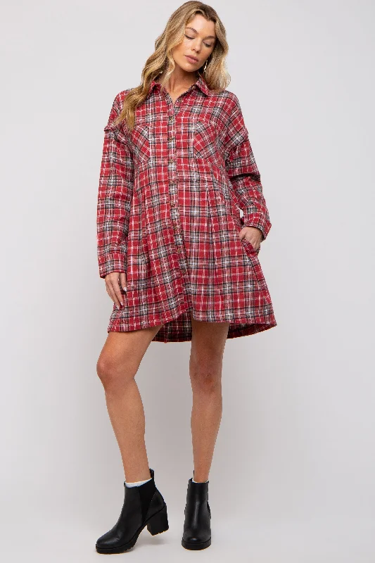 Mini dresses with cut - out details for a trendy look Burgundy Plaid Button Front Long Sleeve Maternity Dress Mini dresses with cut - out details for a trendy look Burgundy Plaid Button Front Long Sleeve Maternity Dress