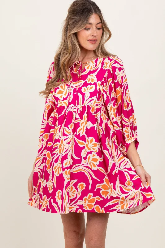 Cotton mini dresses for a comfortable everyday option Fuchsia Print 3/4 Balloon Sleeve Maternity Dress Cotton mini dresses for a comfortable everyday option Fuchsia Print 3/4 Balloon Sleeve Maternity Dress