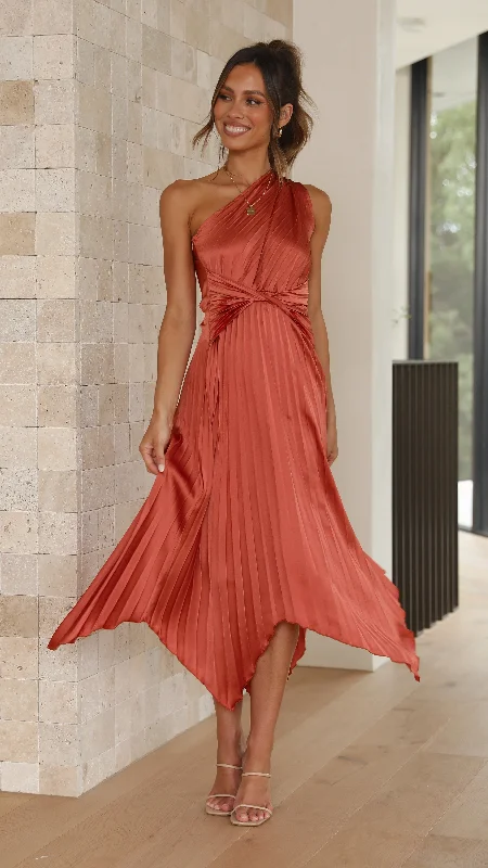 Midi dresses with fringe details for a fun and energetic style Cali One Shoulder Midi Dress - Copper Midi dresses with fringe details for a fun and energetic style Cali One Shoulder Midi Dress - Copper