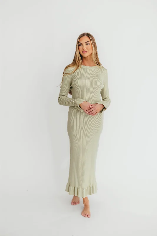 Midi dresses with ruffled hems for a romantic date night Mason Bow Tie Sweater Maxi Dress in Sage Midi dresses with ruffled hems for a romantic date night Mason Bow Tie Sweater Maxi Dress in Sage