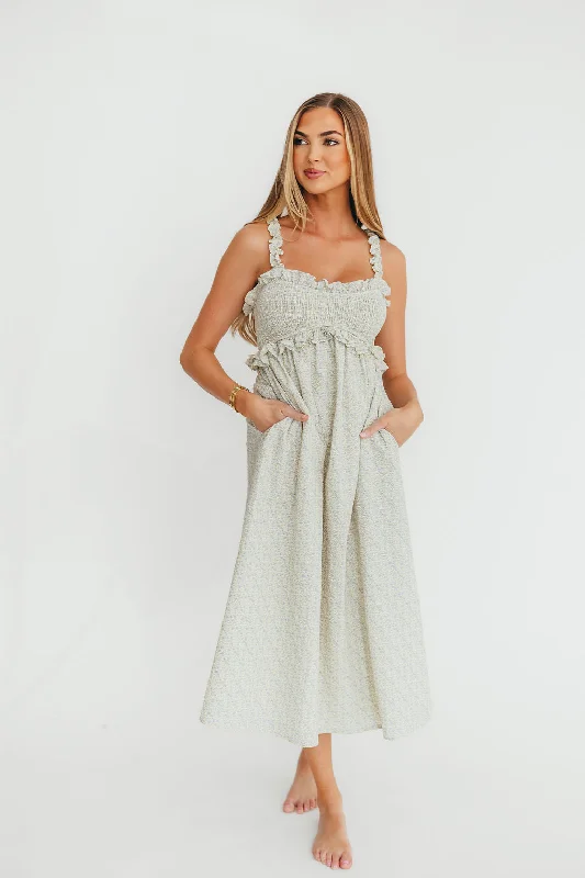 Midi dresses with polka dot prints for a playful summer outfit Raya Ruffle Trim Midi Dress in Blue Floral Midi dresses with polka dot prints for a playful summer outfit Raya Ruffle Trim Midi Dress in Blue Floral