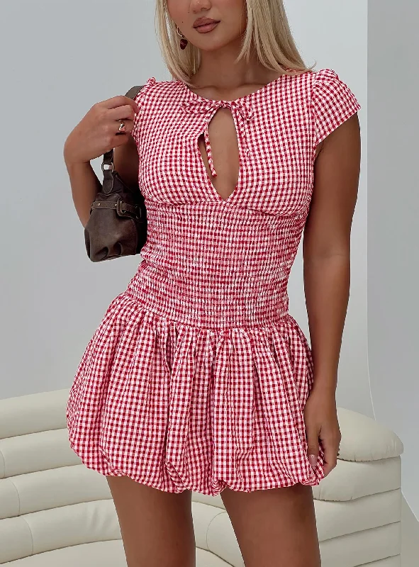 Mini dresses with high - low hems for a modern twist Ladybug Gingham Mini Dress Red