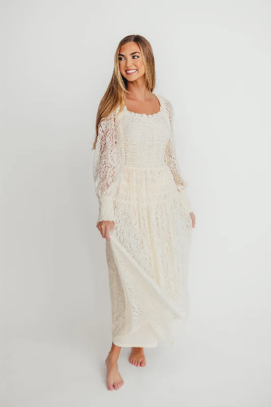 Midi dresses with tassel accents for a bohemian and free - spirited style Adaline Vintage Lace Smocked Maxi Dress in Cream Midi dresses with tassel accents for a bohemian and free - spirited style Adaline Vintage Lace Smocked Maxi Dress in Cream