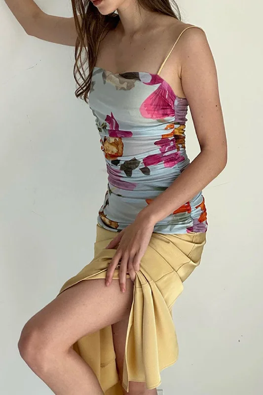 Midi dresses with button - down skirts for a unique and functional design Vintage Floral Print Patchwork Ruched Cami Dress Midi dresses with button - down skirts for a unique and functional design Vintage Floral Print Patchwork Ruched Cami Dress