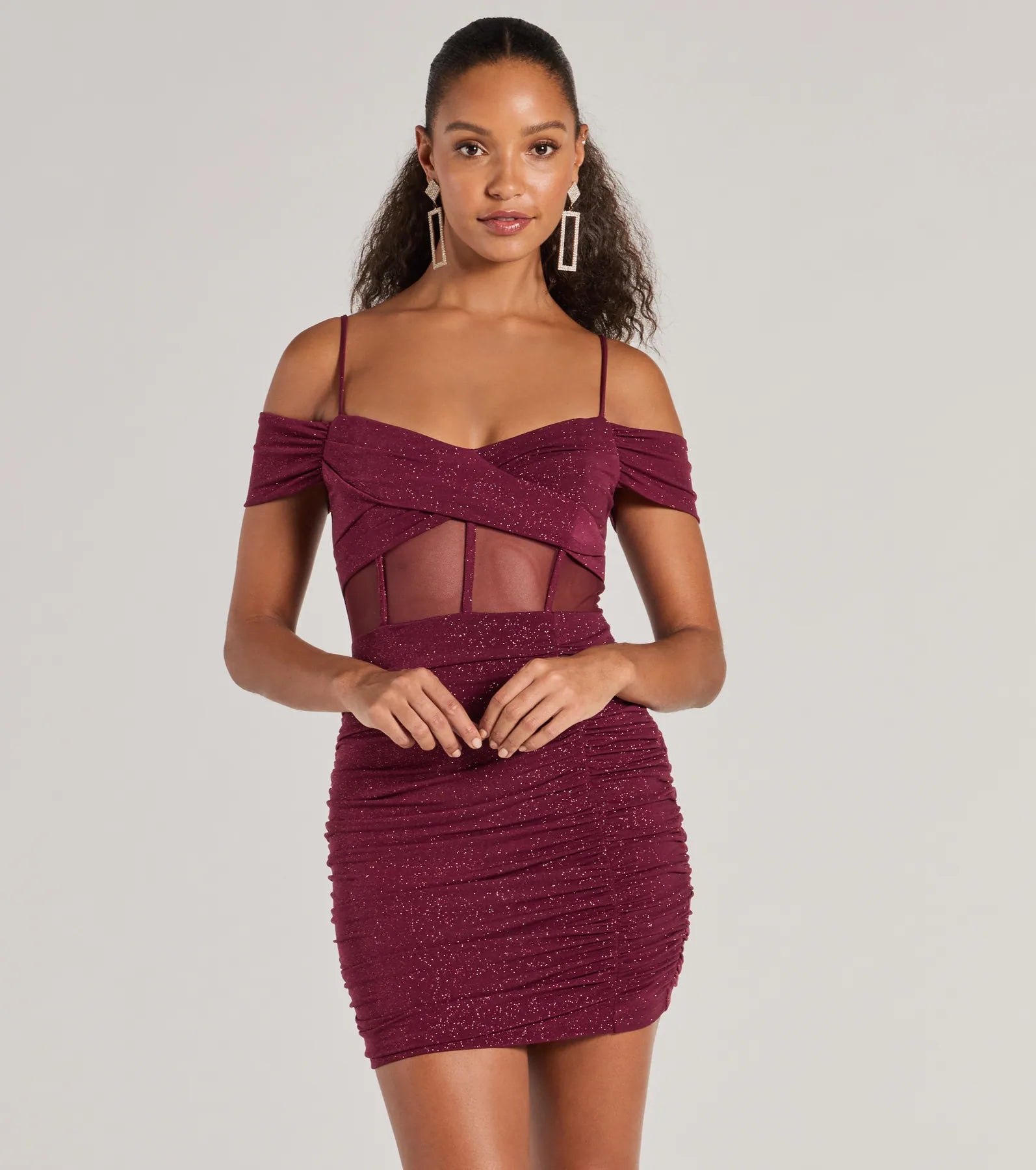 Mini dresses with tassel accents for a fun touch Sultry Glitz Glitter Cold-Shoulder Mini Dress Mini dresses with tassel accents for a fun touch Sultry Glitz Glitter Cold-Shoulder Mini Dress