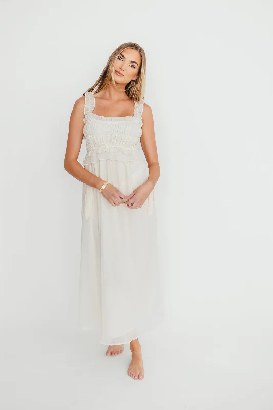Midi dresses with belted waists to accentuate the figure Demi Ruffle Midi Dress in Ecru Midi dresses with belted waists to accentuate the figure Demi Ruffle Midi Dress in Ecru
