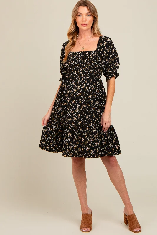 Mini dresses with tassel accents for a fun touch Black Floral Smocked Puff Sleeve Maternity Dress Mini dresses with tassel accents for a fun touch Black Floral Smocked Puff Sleeve Maternity Dress
