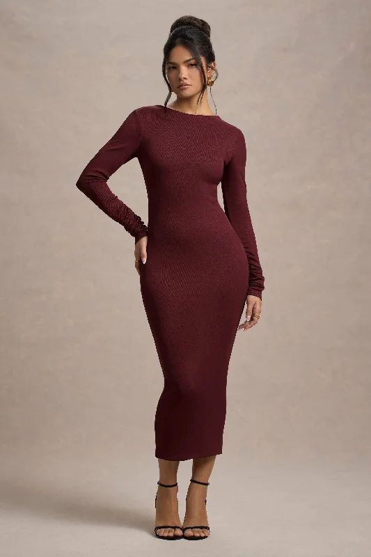Midi dresses with sheer panels for a touch of allure Madden | Plum Rib Knit Cowl-Back Midi Dress Midi dresses with sheer panels for a touch of allure Madden | Plum Rib Knit Cowl-Back Midi Dress