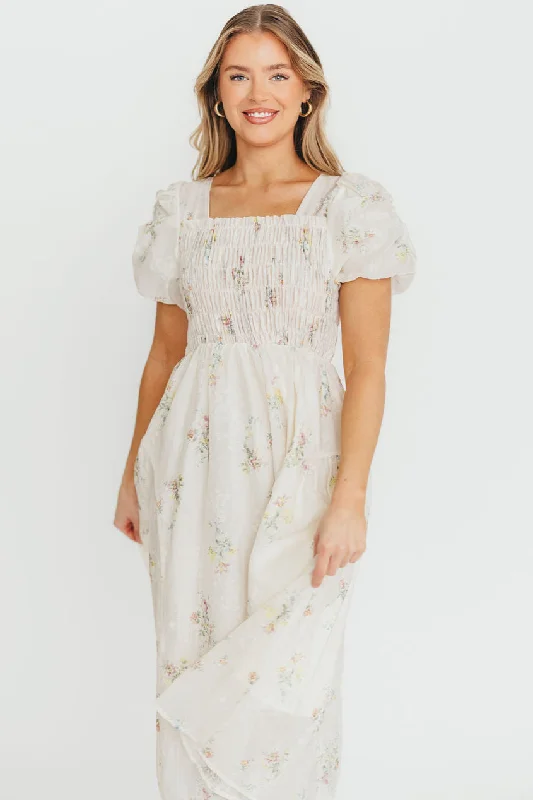 Midi dresses with wrap - around skirts for a customizable fit Paisley Smocked Midi Dress in Multi Floral Midi dresses with wrap - around skirts for a customizable fit Paisley Smocked Midi Dress in Multi Floral