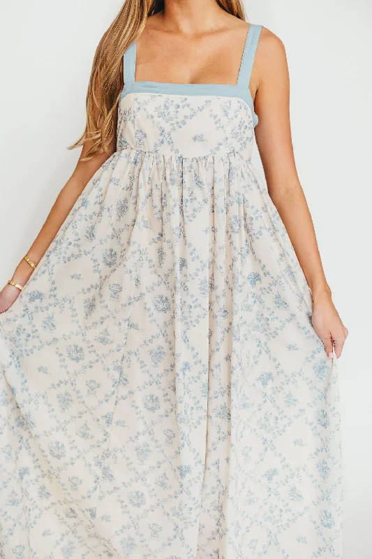 Maxi - inspired midi dresses with flowing fabrics for a beachy vibe Lillian Toile Maxi Dress in French Blue