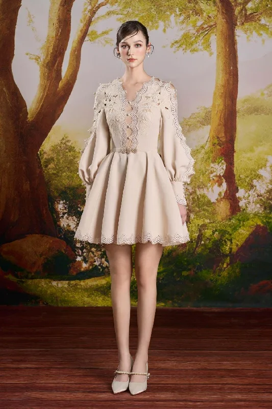 Polyester mini dresses for easy care Dakota A-line Puffy Sleeved Lace Mini Dress