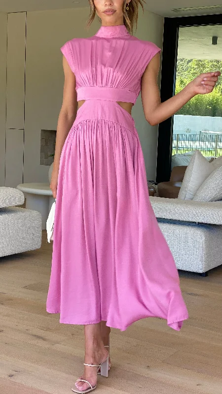 Midi dresses with ruched sleeves for a more fitted and stylish arm look Cindie Midi Dress - Pink Midi dresses with ruched sleeves for a more fitted and stylish arm look Cindie Midi Dress - Pink