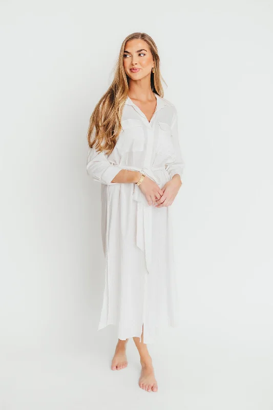 Midi dresses with cotton - blend materials for everyday comfort Rhea Belted Maxi Shirt Dress in White - Nursing Friendly Midi dresses with cotton - blend materials for everyday comfort Rhea Belted Maxi Shirt Dress in White - Nursing Friendly