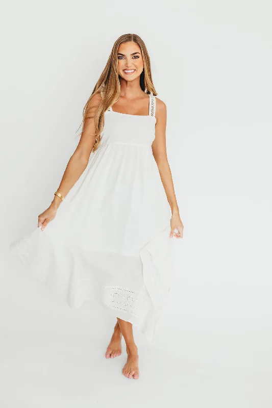 Midi dresses with bow accents for a sweet and charming look Palmer Asymmetrical Hem Midi Dress in White Midi dresses with bow accents for a sweet and charming look Palmer Asymmetrical Hem Midi Dress in White