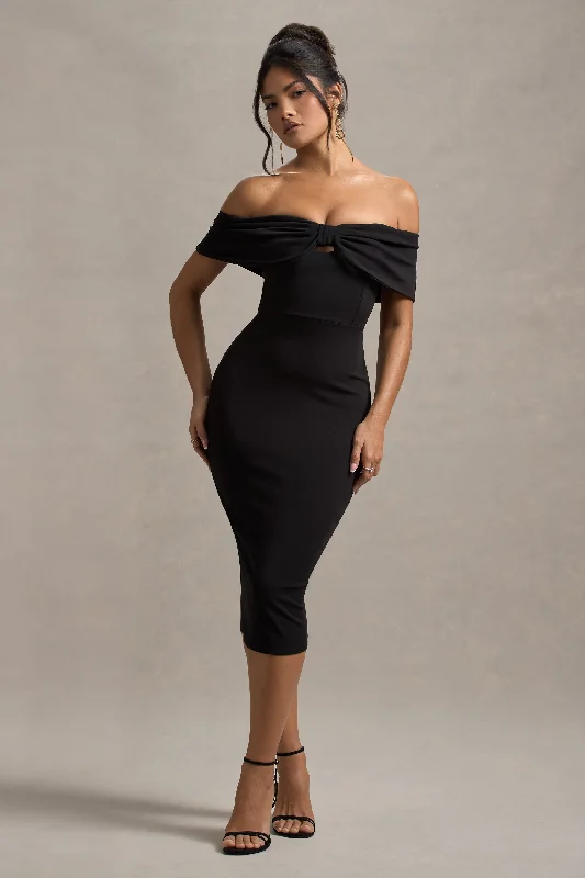 Midi dresses with printed lining for a hidden and stylish detail Hope | Black Bow Bardot Midi Dress Midi dresses with printed lining for a hidden and stylish detail Hope | Black Bow Bardot Midi Dress