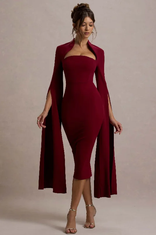 Midi dresses with polka dot prints for a playful summer outfit Linden | Berry Bodycon Cape-Sleeve Midi Dress Midi dresses with polka dot prints for a playful summer outfit Linden | Berry Bodycon Cape-Sleeve Midi Dress