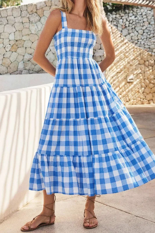 Maxi - inspired midi dresses with flowing fabrics for a beachy vibe Plaid Print Tiered Cami Dress Maxi - inspired midi dresses with flowing fabrics for a beachy vibe Plaid Print Tiered Cami Dress