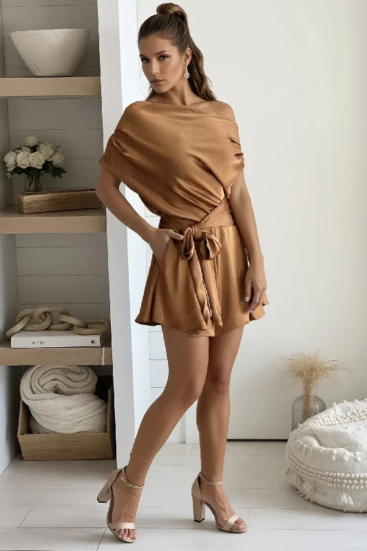 Plaid mini dresses for fall fashion Copper Satin Draped Tie Romper