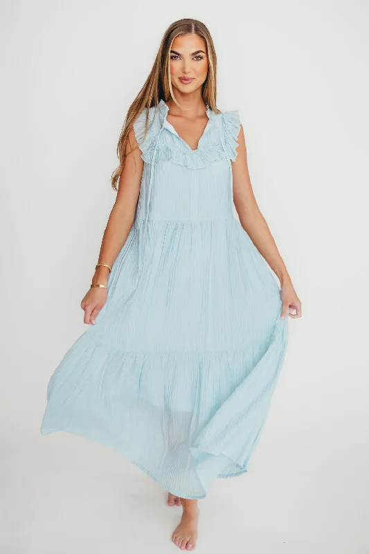 Midi dresses with metallic threads for a glamorous evening event Brynn Ruffle Tiered Midi Dress in Blue Midi dresses with metallic threads for a glamorous evening event Brynn Ruffle Tiered Midi Dress in Blue